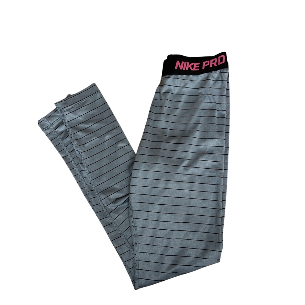 Nike Pro Leggings Women S Gray Pinstripe Pink Waistband Compression Athletic Gym